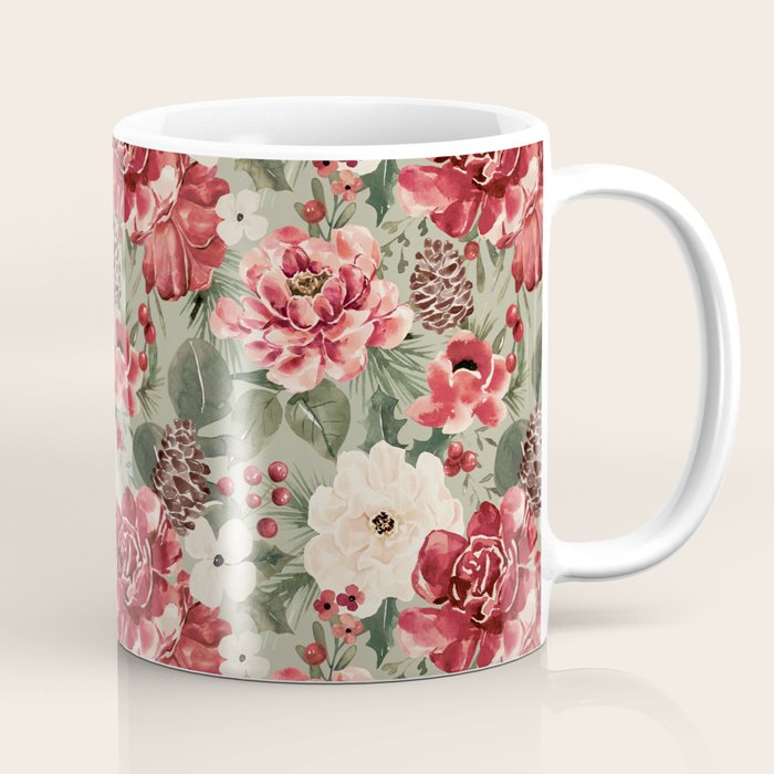Vintage Christmas Floral on Sage Green Coffee Mug Gallery Image 1