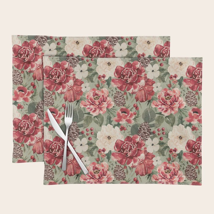 Vintage Christmas Floral on Sage Green Placemat Gallery Image 1