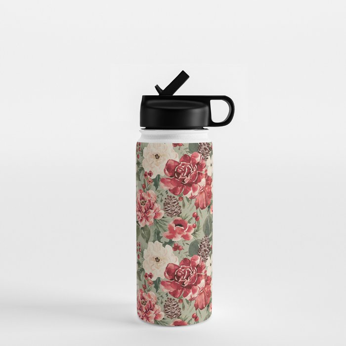 Vintage Christmas Floral on Sage Green Water Bottle Gallery Image 1