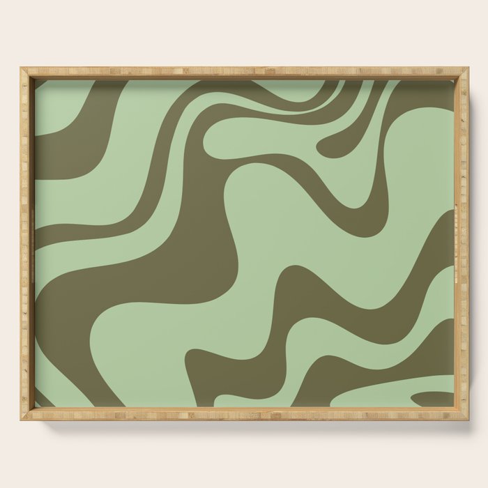 Sage Olive Green Retro Liquid Swirl Contemporary Abstract Pattern 2 Serving Tray Gallery Image 1