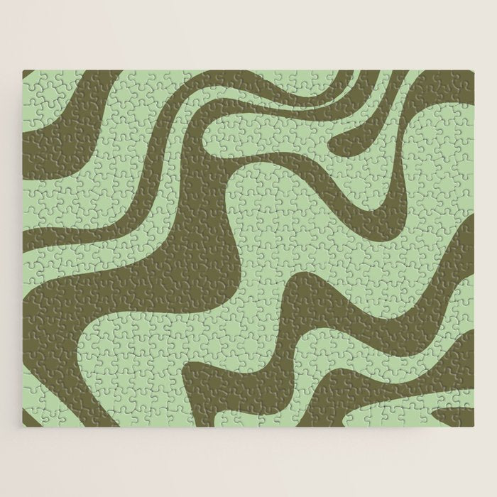 Sage Olive Green Retro Liquid Swirl Contemporary Abstract Pattern 2 Jigsaw Puzzle Gallery Image 1