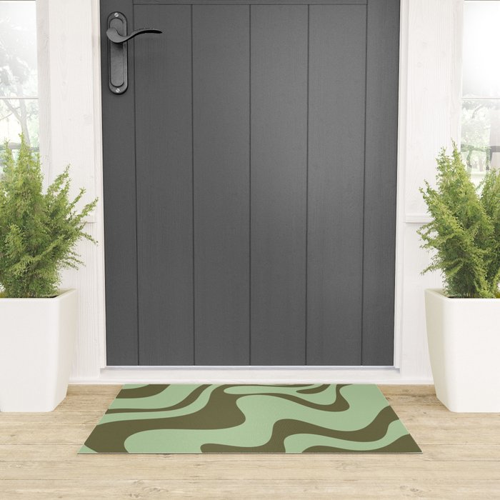 Sage Olive Green Retro Liquid Swirl Contemporary Abstract Pattern 2 Welcome Mat Gallery Image 3