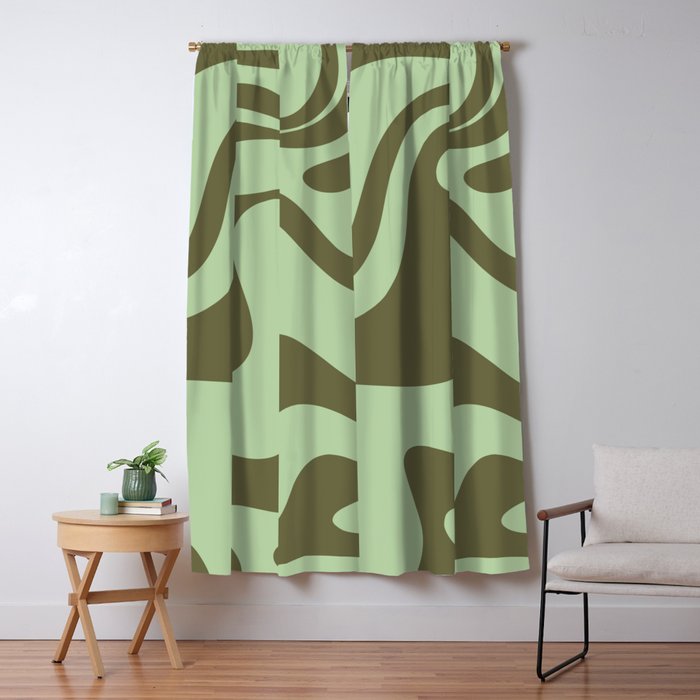 Sage Olive Green Retro Liquid Swirl Contemporary Abstract Pattern 2 Window Curtain Gallery Image 1