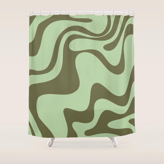 Sage Olive Green Retro Liquid Swirl Contemporary Abstract Pattern 2 Shower Curtain Gallery Image 1