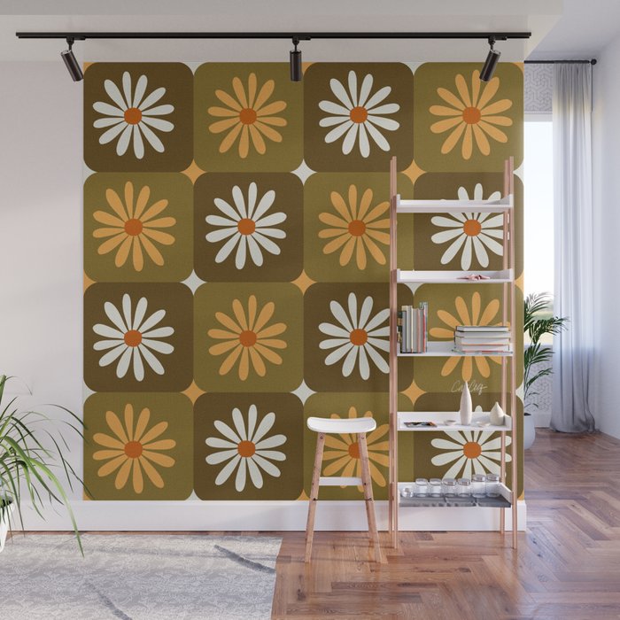 Checkered Daisies - Retro & Olive Wall Mural Gallery Image 1