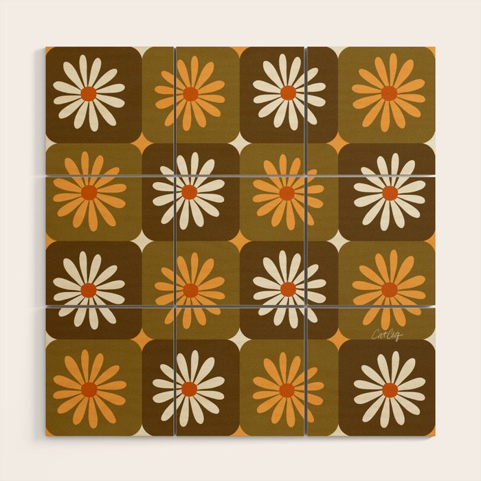 Checkered Daisies - Retro & Olive Wood Wall Art Gallery Image 1