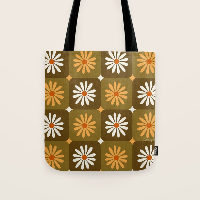 Checkered Daisies - Retro & Olive Tote Bag Gallery Image 1