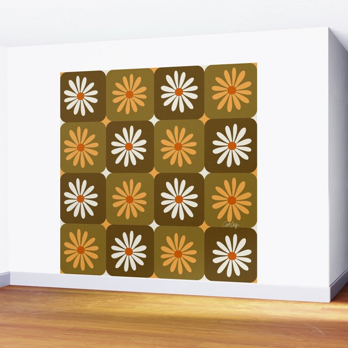 Checkered Daisies - Retro & Olive Wall Mural Gallery Image 2