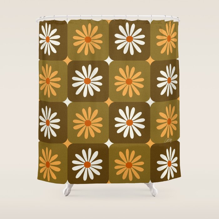 Checkered Daisies - Retro & Olive Shower Curtain Gallery Image 1