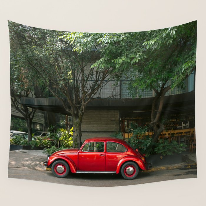 Red Classic Car in Mexico City | Travel Photography Wall Tapestry Gallery Image 4