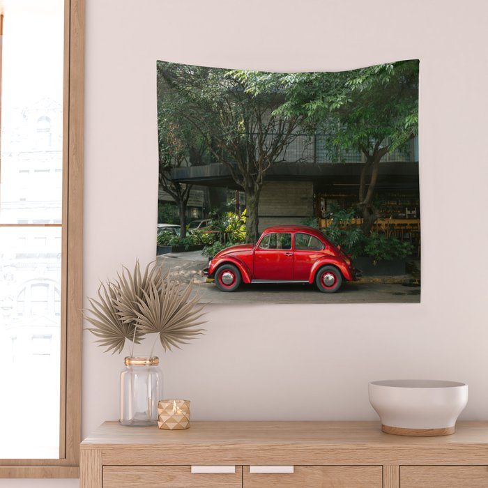 Red Classic Car in Mexico City | Travel Photography Wall Tapestry Gallery Image 2