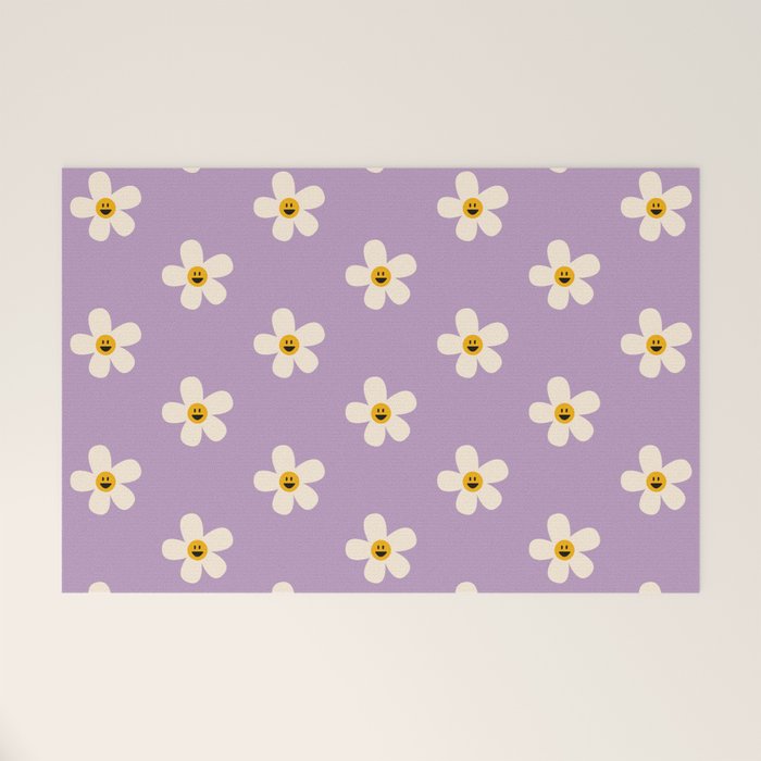 Retro Happy Daisy Flower in Purple Welcome Mat Gallery Image 1