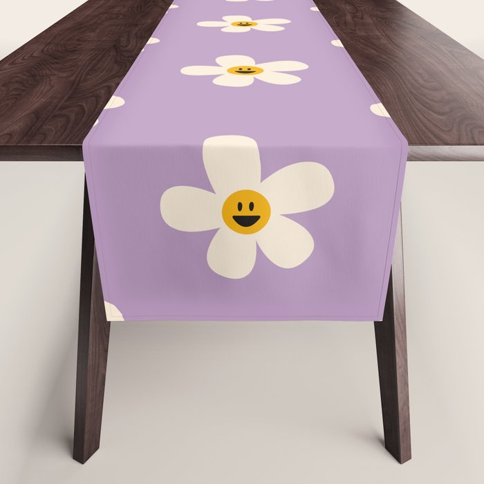 Retro Happy Daisy Flower in Purple Table Runner Gallery Image 1