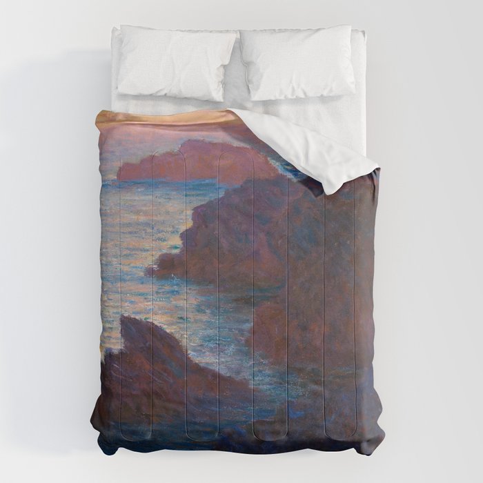 Claude Monet Impressionist Landscape Oil Painting Sunset At Sea Cliffs Ocean Cliff Landscape Comforter Gallery Image 1