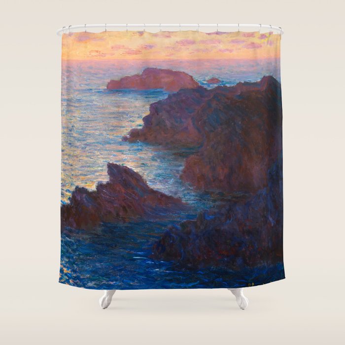 Claude Monet Impressionist Landscape Oil Painting Sunset At Sea Cliffs Ocean Cliff Landscape Shower Curtain Gallery Image 1