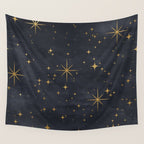 Gold Stars Black Ink Night Sky Magical Mid Century Pattern Wall Tapestry Gallery Image 4