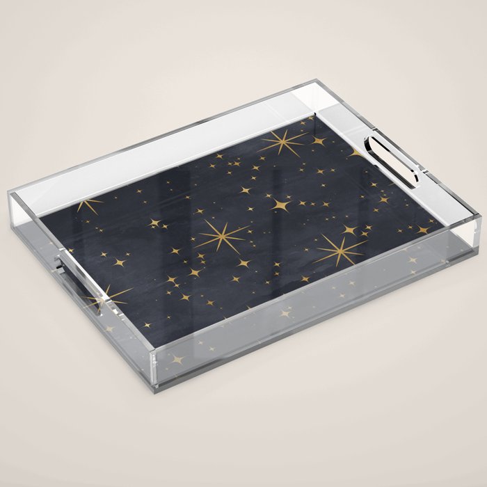 Gold Stars Black Ink Night Sky Magical Mid Century Pattern Acrylic Tray Gallery Image 1