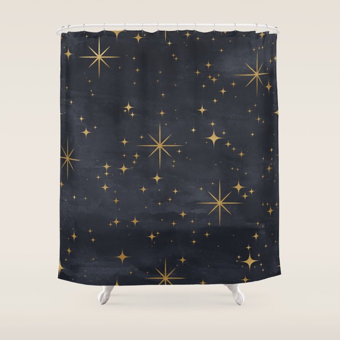 Gold Stars Black Ink Night Sky Magical Mid Century Pattern Shower Curtain Gallery Image 1