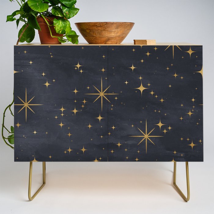 Gold Stars Black Ink Night Sky Magical Mid Century Pattern Credenza Gallery Image 1