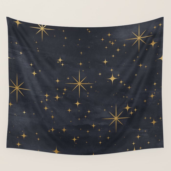 Gold Stars Black Ink Night Sky Magical Mid Century Pattern Wall Tapestry Gallery Image 1
