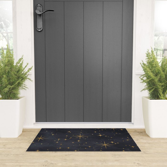 Gold Stars Black Ink Night Sky Magical Mid Century Pattern Welcome Mat Gallery Image 3