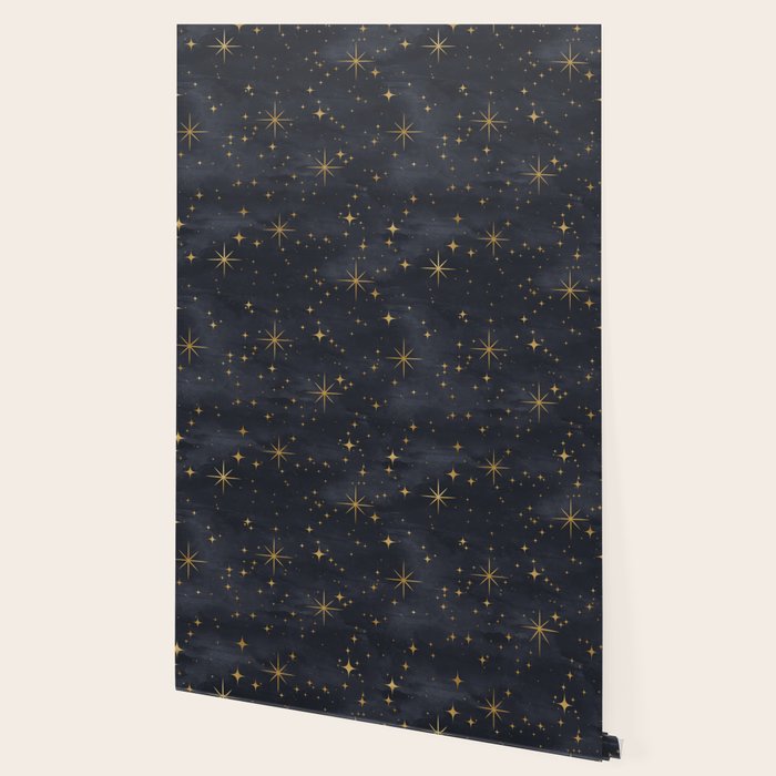 Gold Stars Black Ink Night Sky Magical Mid Century Pattern Wallpaper Gallery Image 2