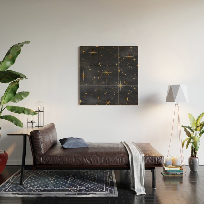 Gold Stars Black Ink Night Sky Magical Mid Century Pattern Wood Wall Art Gallery Image 2