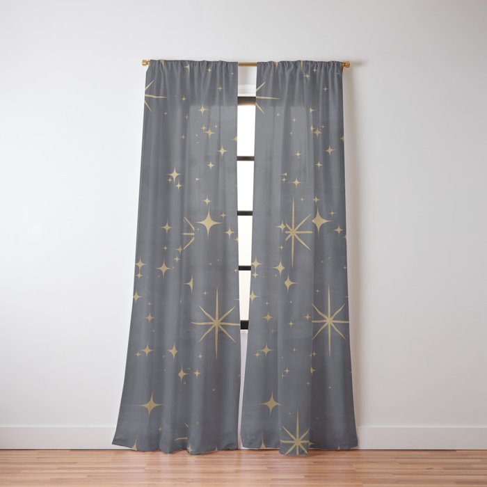Gold Stars Black Ink Night Sky Magical Mid Century Pattern Window Curtain Gallery Image 2
