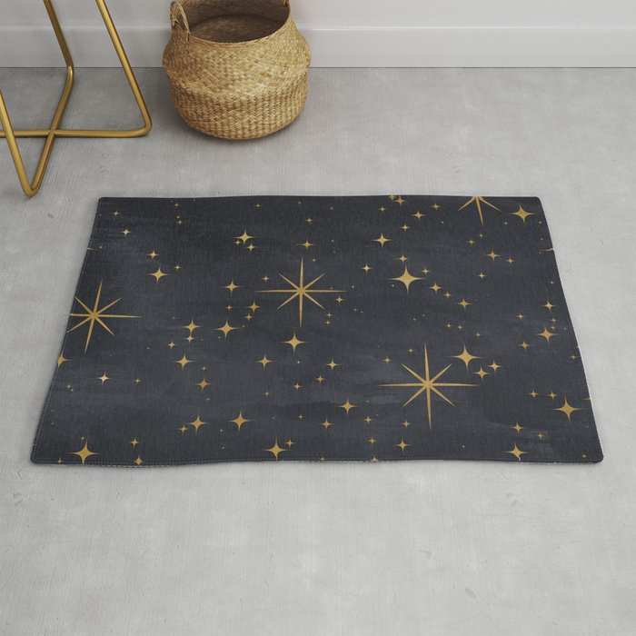 Gold Stars Black Ink Night Sky Magical Mid Century Pattern Rug Gallery Image 1