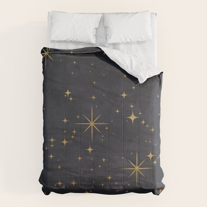 Gold Stars Black Ink Night Sky Magical Mid Century Pattern Comforter Gallery Image 6