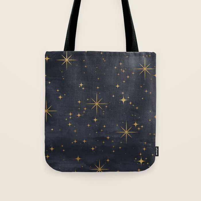 Gold Stars Black Ink Night Sky Magical Mid Century Pattern Tote Bag Gallery Image 1