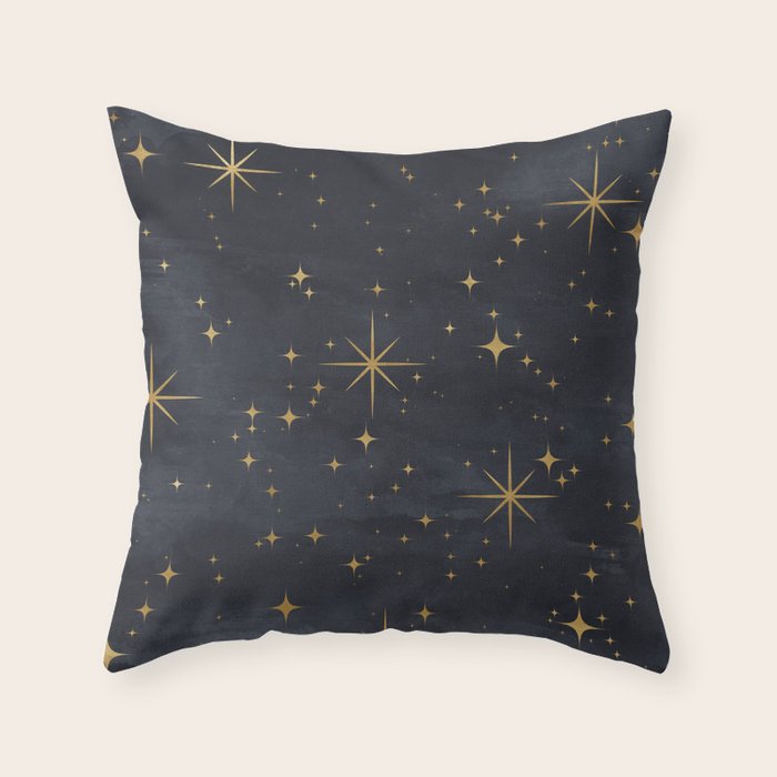 Gold Stars Black Ink Night Sky Magical Mid Century Pattern Throw Pillow Gallery Image 6