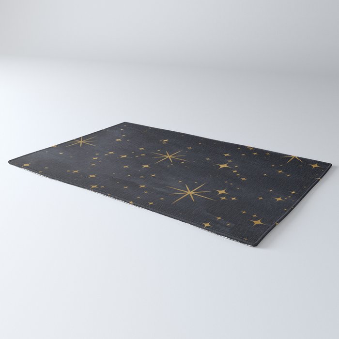 Gold Stars Black Ink Night Sky Magical Mid Century Pattern Rug Gallery Image 3