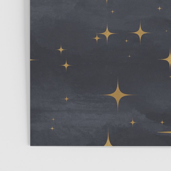 Gold Stars Black Ink Night Sky Magical Mid Century Pattern Poster Gallery Image 3