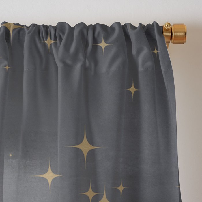 Gold Stars Black Ink Night Sky Magical Mid Century Pattern Window Curtain Gallery Image 3