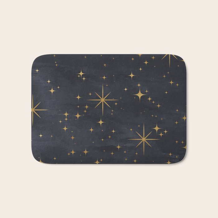 Gold Stars Black Ink Night Sky Magical Mid Century Pattern Bath Mat Gallery Image 1