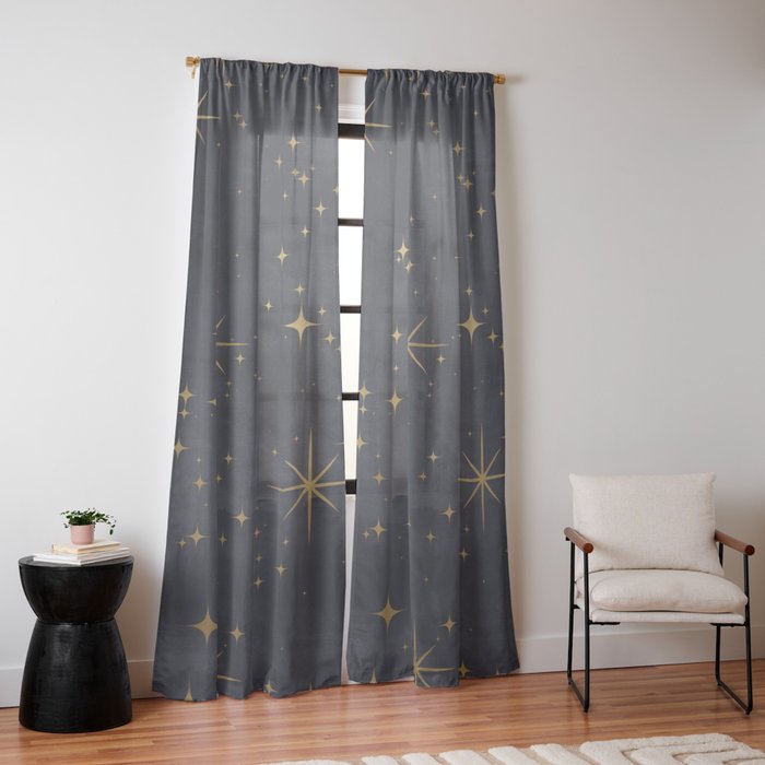Gold Stars Black Ink Night Sky Magical Mid Century Pattern Window Curtain Gallery Image 14