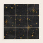 Gold Stars Black Ink Night Sky Magical Mid Century Pattern Wood Wall Art Gallery Image 1