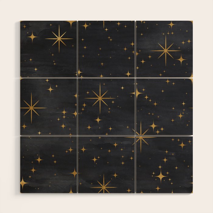Gold Stars Black Ink Night Sky Magical Mid Century Pattern Wood Wall Art Gallery Image 1