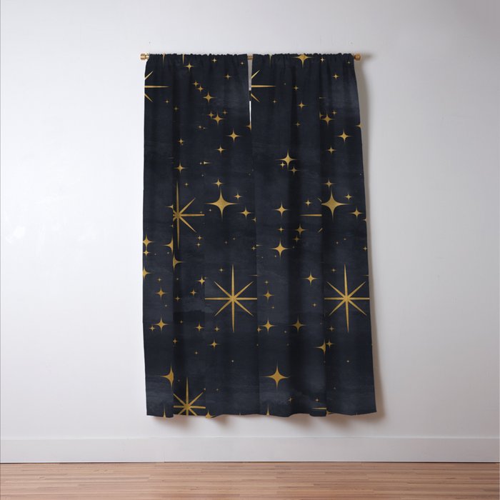 Gold Stars Black Ink Night Sky Magical Mid Century Pattern Window Curtain Gallery Image 3