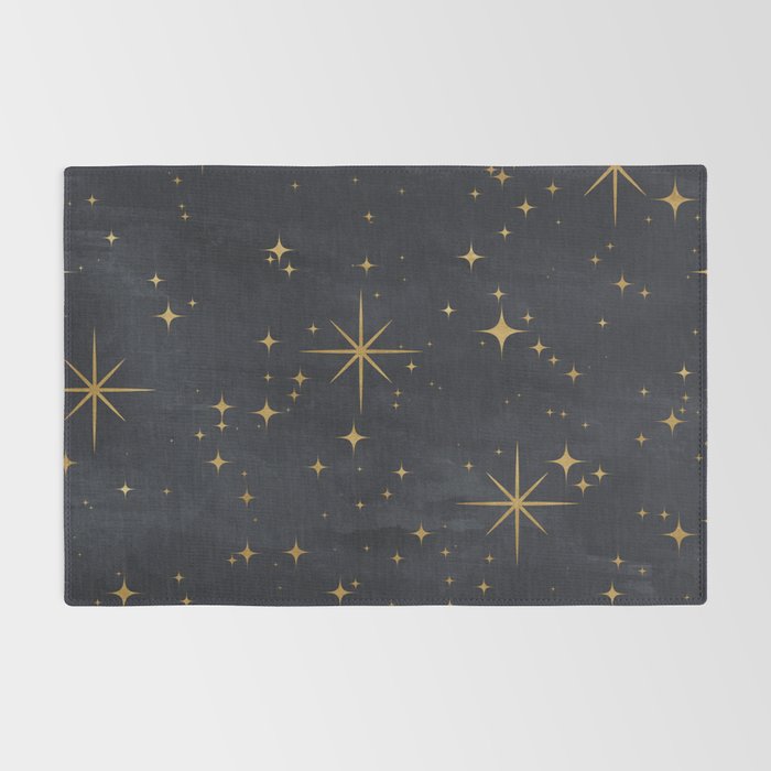 Gold Stars Black Ink Night Sky Magical Mid Century Pattern Rug Gallery Image 2