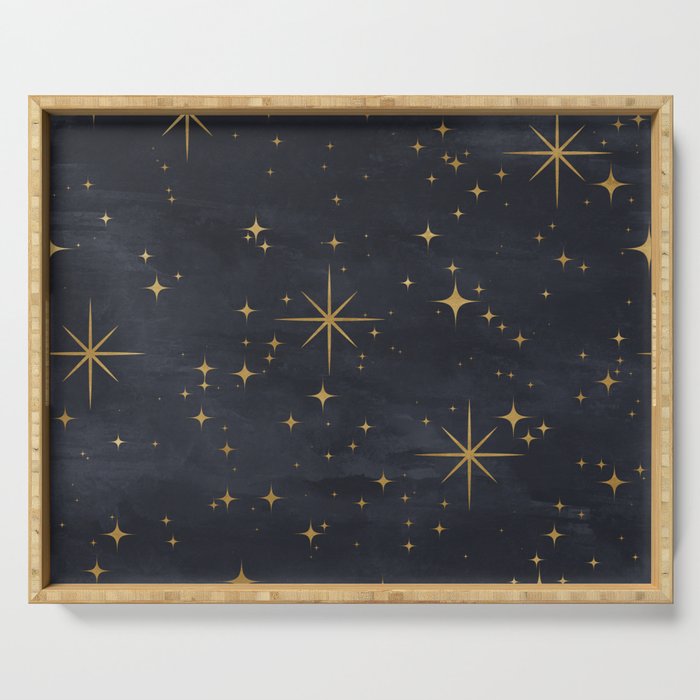 Gold Stars Black Ink Night Sky Magical Mid Century Pattern Serving Tray Gallery Image 1