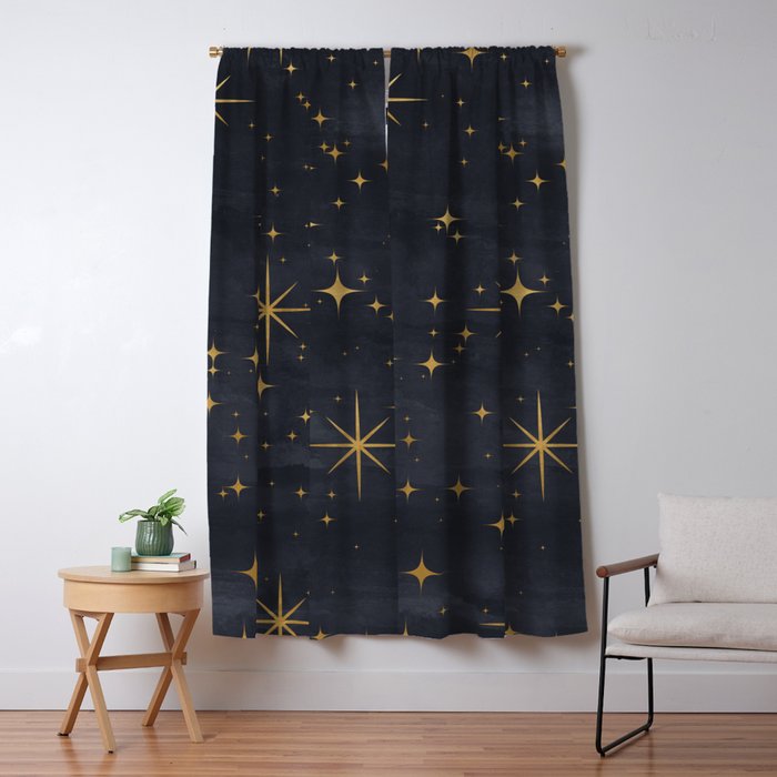 Gold Stars Black Ink Night Sky Magical Mid Century Pattern Window Curtain Gallery Image 5