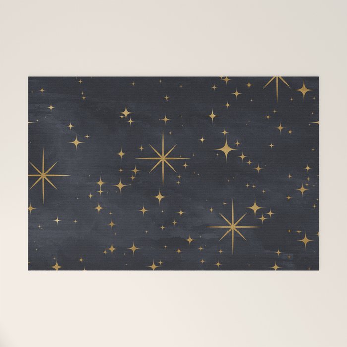 Gold Stars Black Ink Night Sky Magical Mid Century Pattern Welcome Mat Gallery Image 1