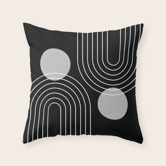 Mid Century Modern Geometric 109 in Black and White (Rainbow and Sun Abstraction) Throw Pillow Gallery Image 6