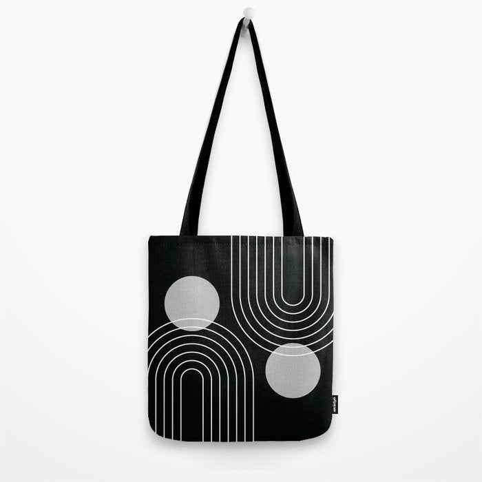 Mid Century Modern Geometric 109 in Black and White (Rainbow and Sun Abstraction) Tote Bag Gallery Image 2