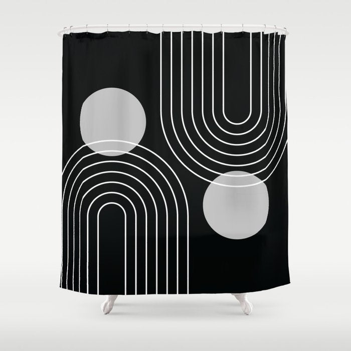 Mid Century Modern Geometric 109 in Black and White (Rainbow and Sun Abstraction) Shower Curtain Gallery Image 1