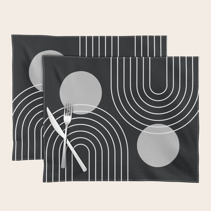 Mid Century Modern Geometric 109 in Black and White (Rainbow and Sun Abstraction) Placemat Gallery Image 1
