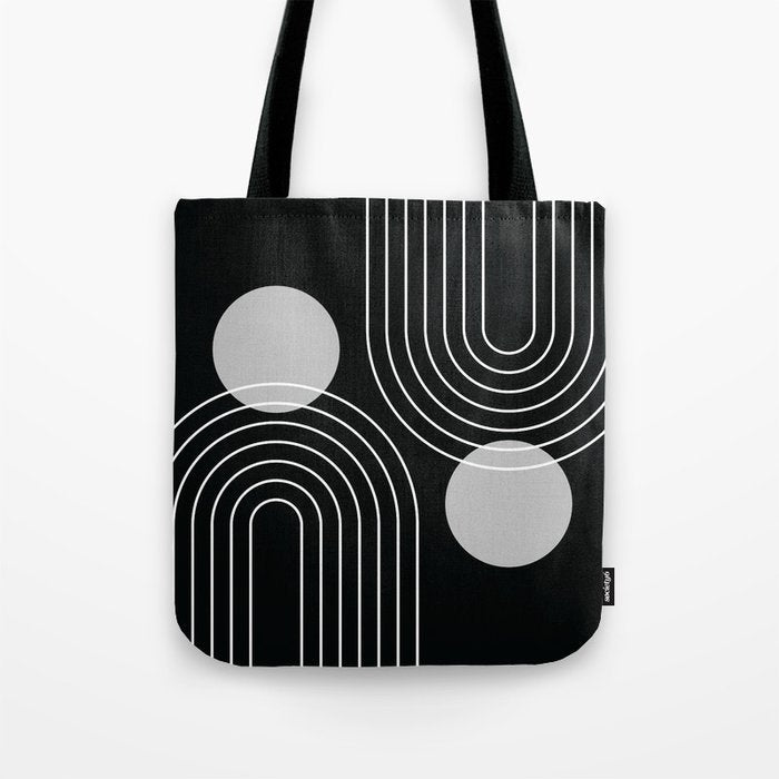 Mid Century Modern Geometric 109 in Black and White (Rainbow and Sun Abstraction) Tote Bag Gallery Image 1