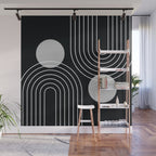 Mid Century Modern Geometric 109 in Black and White (Rainbow and Sun Abstraction) Wall Mural Gallery Image 1